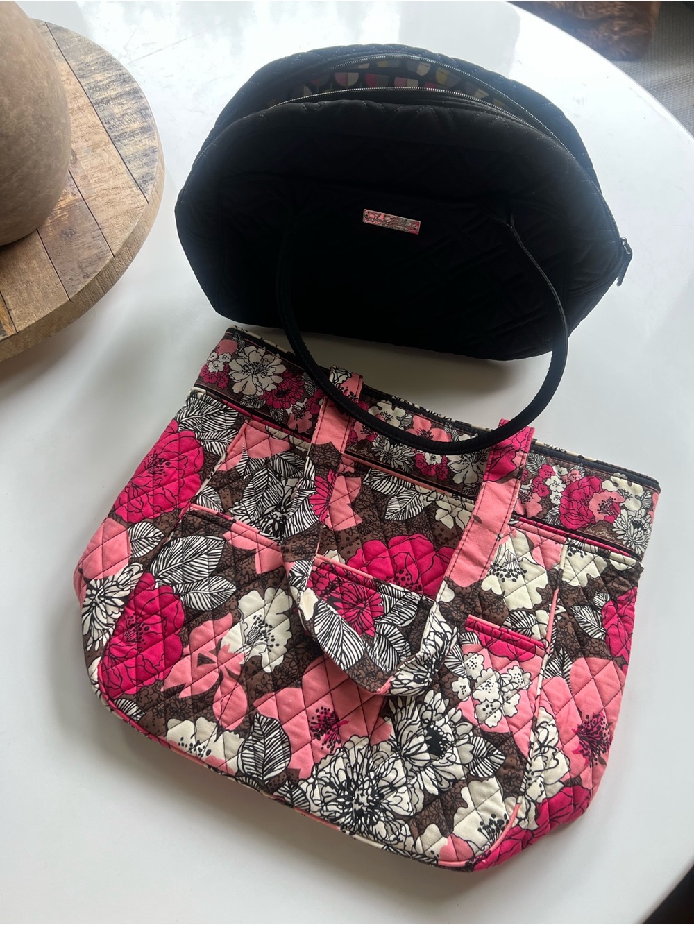 Vera Bradley Pink Floral Quilted Tote and Black quilted toiletries bag.